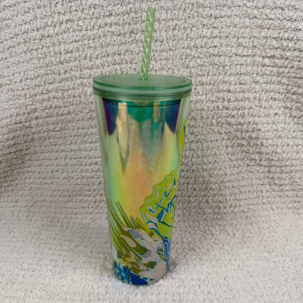 Starbucks Iridescent Blue Green Botanical Tumbler 24 oz Reusable Green Straw Lid